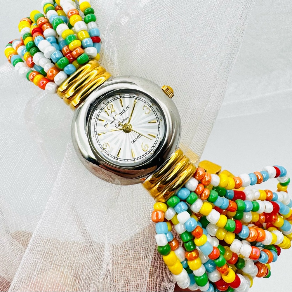 VTG Marcel Drucker Colorful Beaded Watch Gold Silver Accents Adjustable Links 🌈